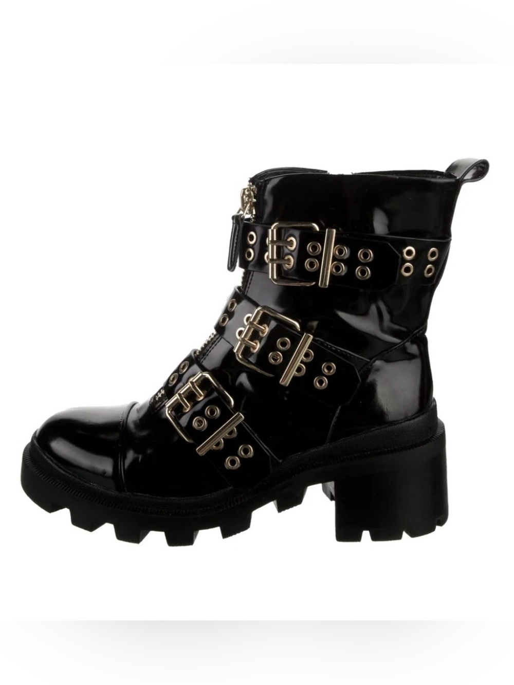 Alice + Olivia Black Patent Buckle Lug Combat Boots